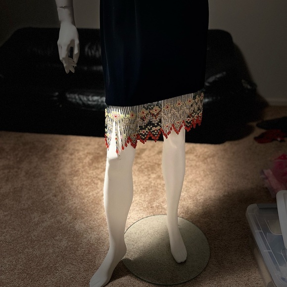 velvet strapless Elegant Black Midi Dress designer with Beaded Hem EUC - Picture 5 of 12